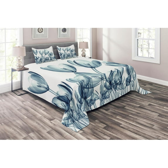 Ambesonne Teal White Quilted Coverlet 3 Pcs, Flower X-Ray Picture, King Size, Teal White