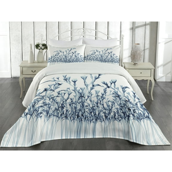 Ambesonne Teal White Quilted Coverlet 3 Pcs, X-Ray Floral Nature, King Size, Teal White