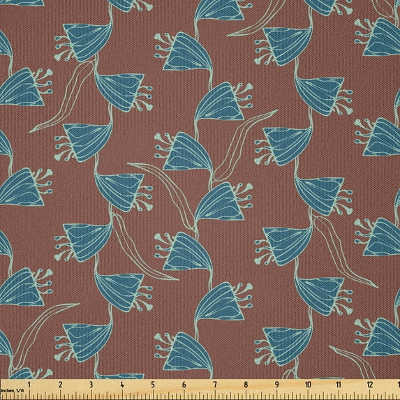 Ambesonne Teal and Brown Fabric by the Yard Microfiber, Retro Flower Ivy, 2 Yards, Pale Redwood and Sea Blue