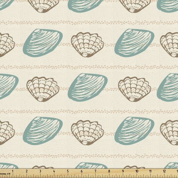 Ambesonne Teal and Brown Fabric by the Yard Upholstery, Sea Shells and Dots, 2 Yards, Ivory and Cocoa