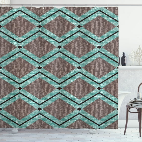 Ambesonne Teal and Brown Shower Curtain, Blots and Zigzags, 69"Wx84"L, Cadet Blue Pale Redwood