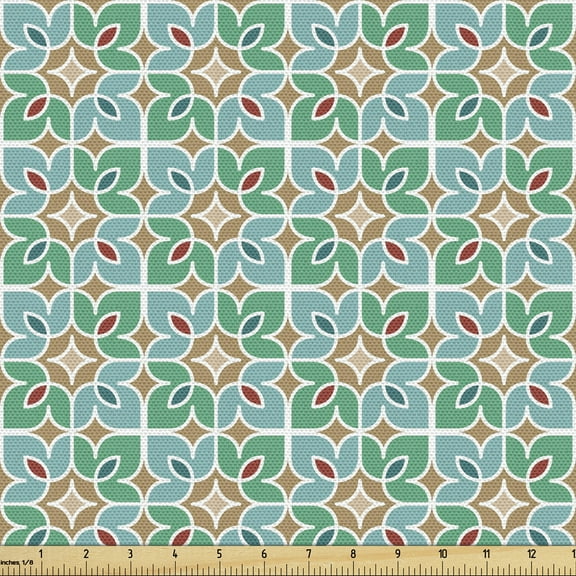 Ambesonne Teal and White Fabric by the Yard Upholstery, Floral Moroccan, 2 Yards, Multicolor