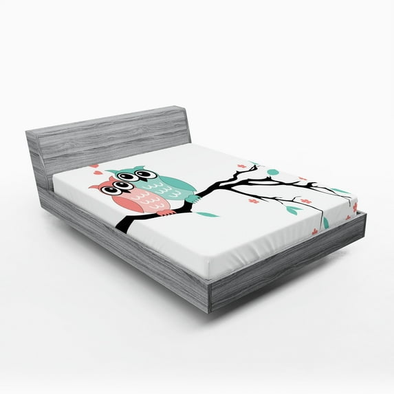 Ambesonne Teal and White Fitted Sheet 2 Pcs Set, Owl Couple, California King, Turquoise Coral Black