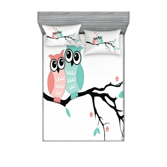 Ambesonne Teal and White Fitted Sheet & Pillow Sham Set, Owl Couple, King, Turquoise Coral Black