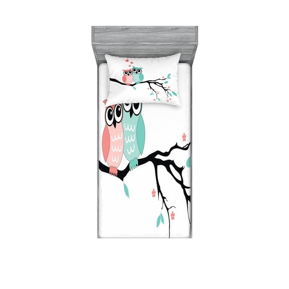 Ambesonne Teal and White Fitted Sheet & Pillow Sham Set, Owl Couple, Twin, Turquoise Coral Black
