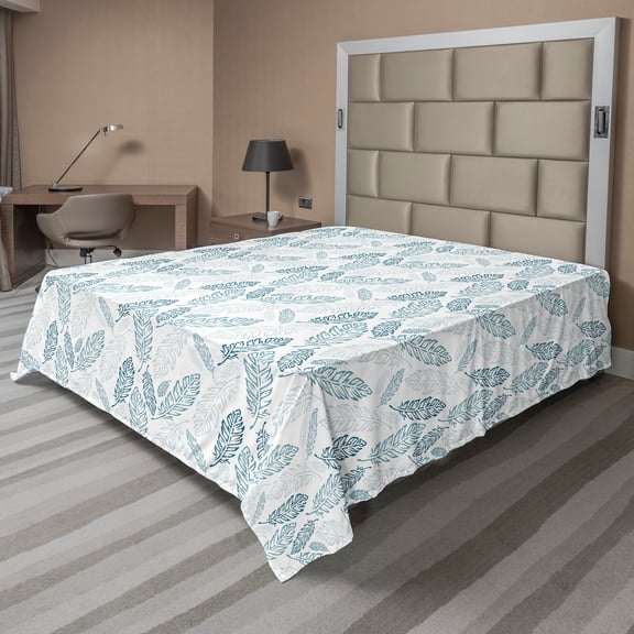 Ambesonne Teal and White Flat Sheet, Grunge Feathers, King Size, Teal Dark Blue White