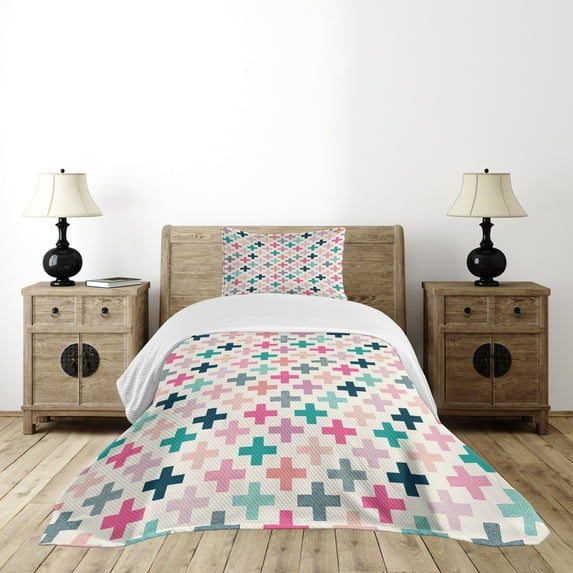 Ambesonne Teal and White Quilted Bedspread Set 2 Pcs, Colorful Hipster, Twin Size, Multicolor