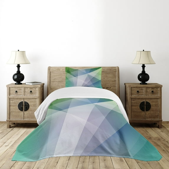 Ambesonne Teal and White Quilted Bedspread Set 2 Pcs, Futuristic Shapes, Twin Size, Multicolor