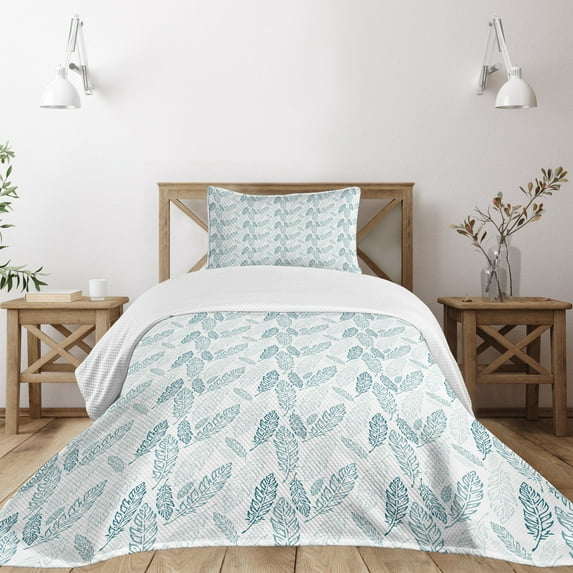 Ambesonne Teal and White Quilted Bedspread Set 2 Pcs, Grunge Feathers, Twin Size, Teal Dark Blue White