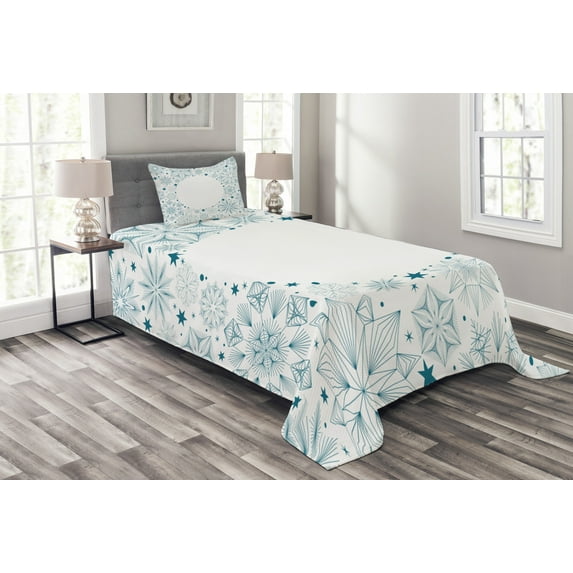 Ambesonne Teal and White Quilted Bedspread Set 2 Pcs, Xmas Snowflakes, Twin Size, Teal White