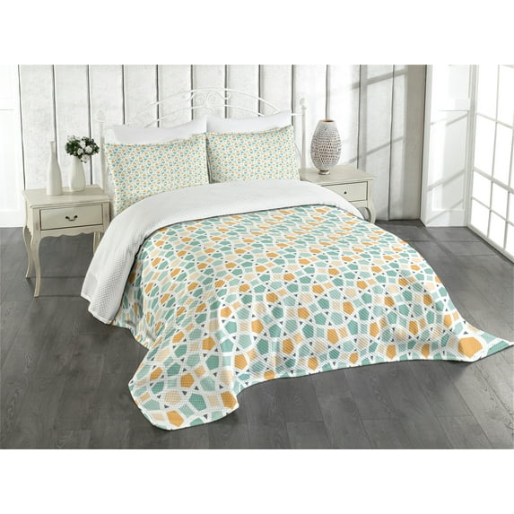 Ambesonne Teal and White Quilted Bedspread Set 3 Pcs, Eastern Mosaic, King Size, Turquoise Orange White