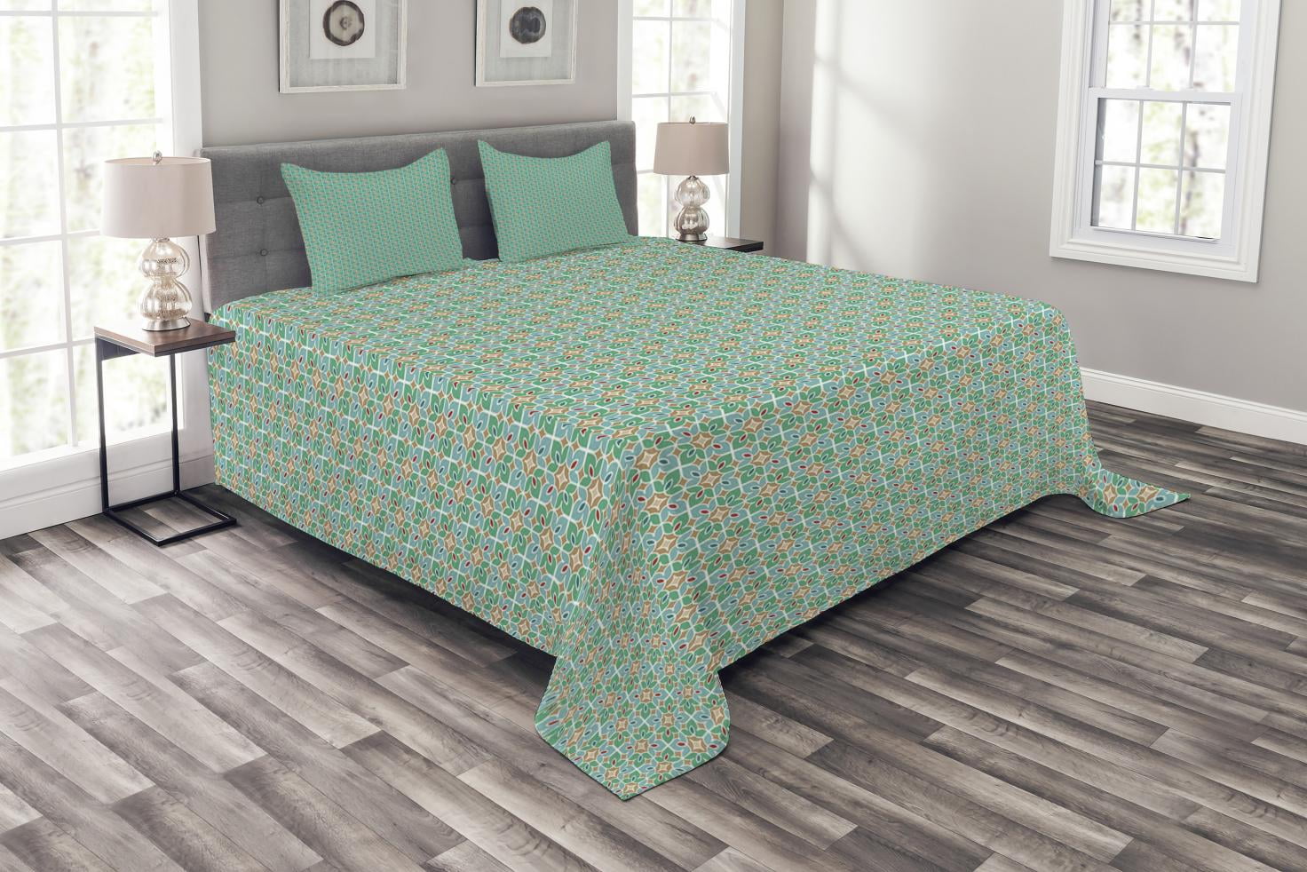 Teal and White Floral Moroccan King Bedspread Set