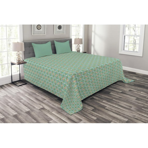 Ambesonne Teal and White Quilted Bedspread Set 3 Pcs, Floral Moroccan, King Size, Multicolor