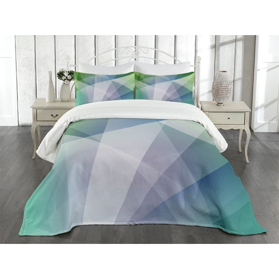 Ambesonne Teal and White Quilted Bedspread Set 3 Pcs, Futuristic Shapes, King Size, Multicolor