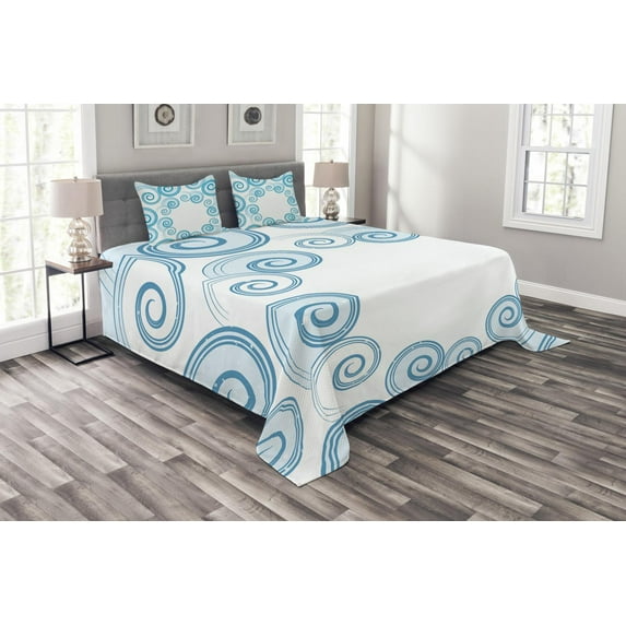 Ambesonne Teal and White Quilted Bedspread Set 3 Pcs, Water Waves, King Size, Blue White