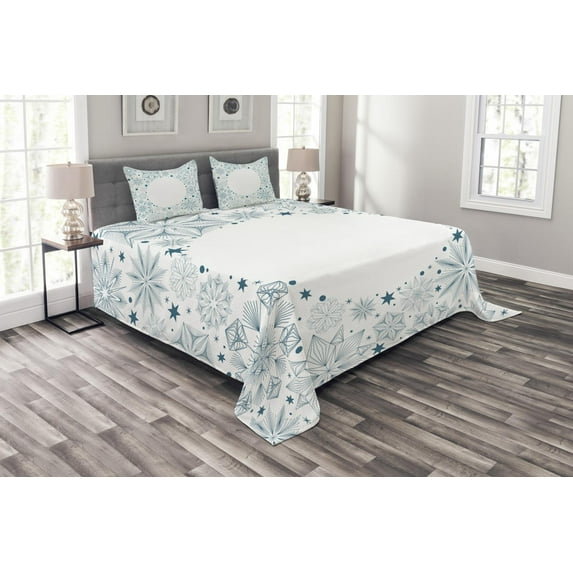 Ambesonne Teal and White Quilted Bedspread Set 3 Pcs, Xmas Snowflakes, Queen Size, Teal White
