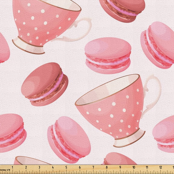 Ambesonne Teatime Fabric by the Yard Upholstery, Classic Vintage Tea Cups, 1 Yard, Pale Pink Coral