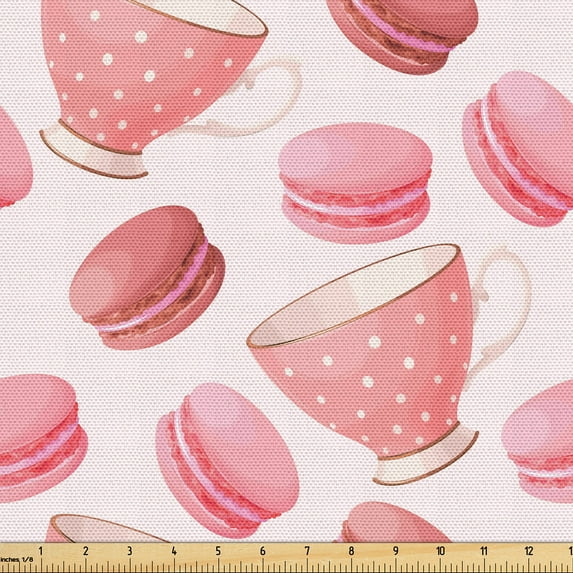 Ambesonne Teatime Fabric by the Yard Upholstery, Classic Vintage Tea Cups, 2 Yards, Pale Pink Coral