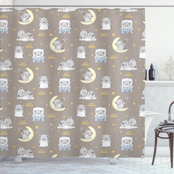 Ambesonne Teddy Bears Shower Curtain, Sleeping Animals Stars, 69"Wx70"L, Pale Yellow and Dark Tan