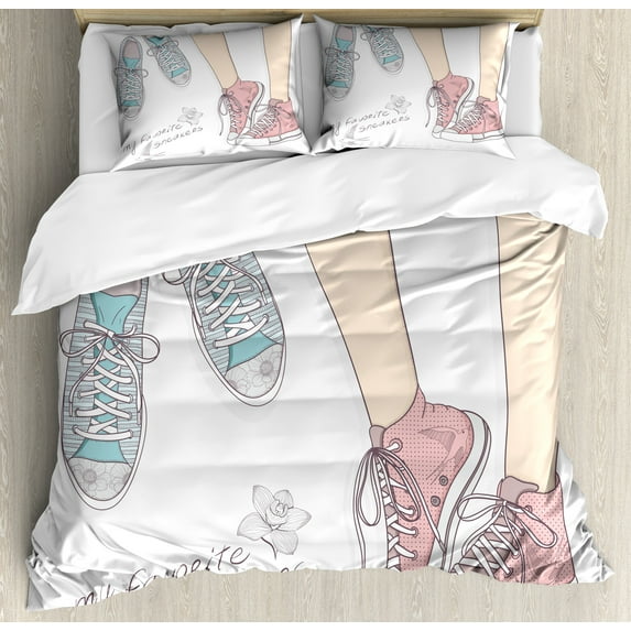 Ambesonne Teen Room Duvet Cover Sets, Girl Shoes Floral, 2-King, Peach Pale Pink Mint