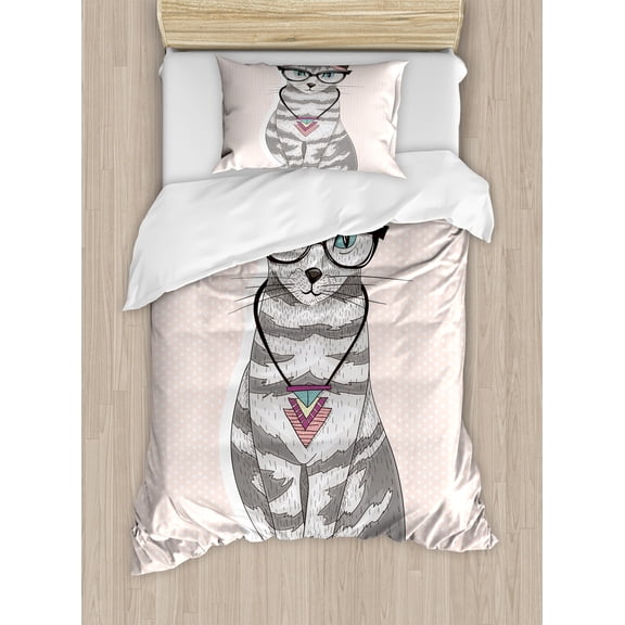 Ambesonne Teen Room Duvet Cover Sets, Kitty Glasses, 2-Twin, Pale Pink Grey