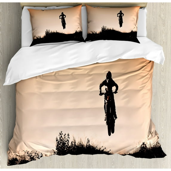 Ambesonne Teen Room Duvet Cover Sets, Motorbike Jump Hills, 2-King, Seal Brown Vermilion