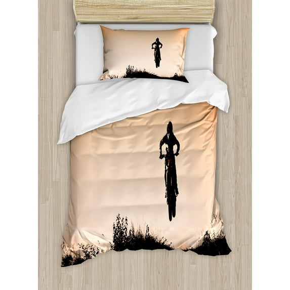 Ambesonne Teen Room Duvet Cover Sets, Motorbike Jump Hills, 2-Twin, Seal Brown Vermilion
