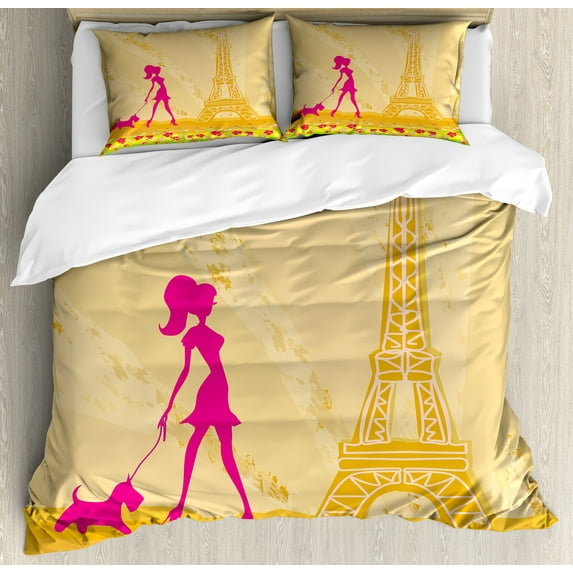 Ambesonne Teen Room Duvet Cover Sets, Pink Girl Dog Eiffel, 2-King, Apricot and Hot Pink