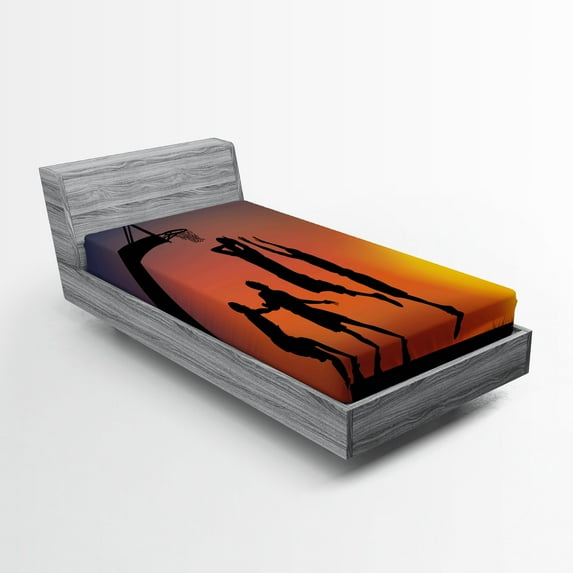 Ambesonne Teen Room Fitted Sheet 2 Pcs Set, Boys Play Basketball, Twin XL, Dark Coral Black Yellow