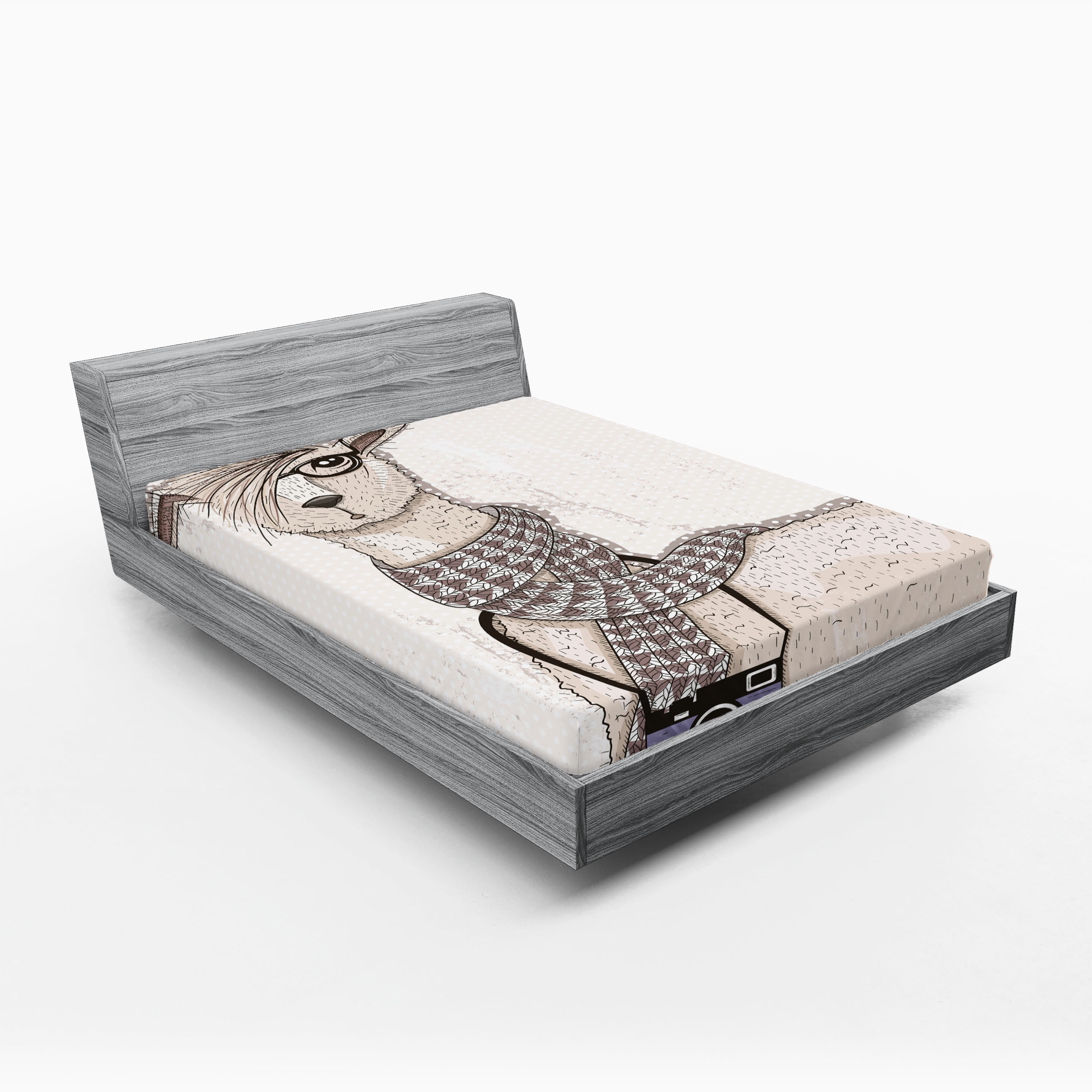 Ambesonne Teen Room Fitted Sheet 2 Pcs Set, Hipster Lama Camera, Full, Beige Tan