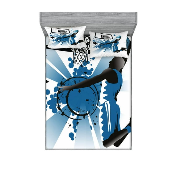 Ambesonne Teen Room Fitted Sheet & Pillow Sham Set, Jumping Player Stars, King, Black and Violet Blue