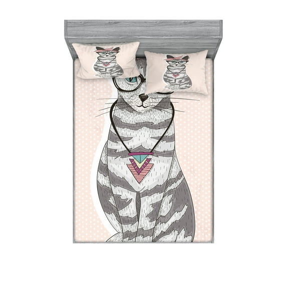 Ambesonne Teen Room Fitted Sheet & Pillow Sham Set, Kitty Glasses, Calking, Pale Pink Grey