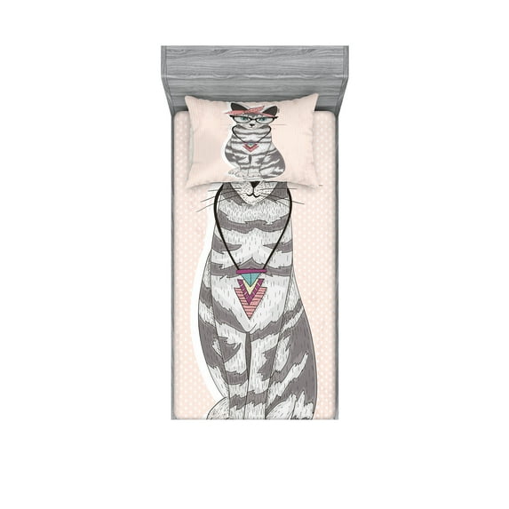 Ambesonne Teen Room Fitted Sheet & Pillow Sham Set, Kitty Glasses, Twin, Pale Pink Grey