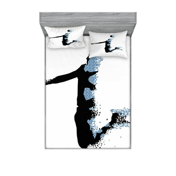 Ambesonne Teen Room Fitted Sheet & Pillow Sham Set, Sports Fractal, Full, Black Pale Blue