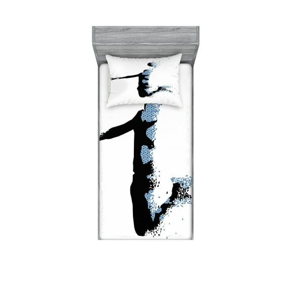 Ambesonne Teen Room Fitted Sheet & Pillow Sham Set, Sports Fractal, Twinxl, Black Pale Blue