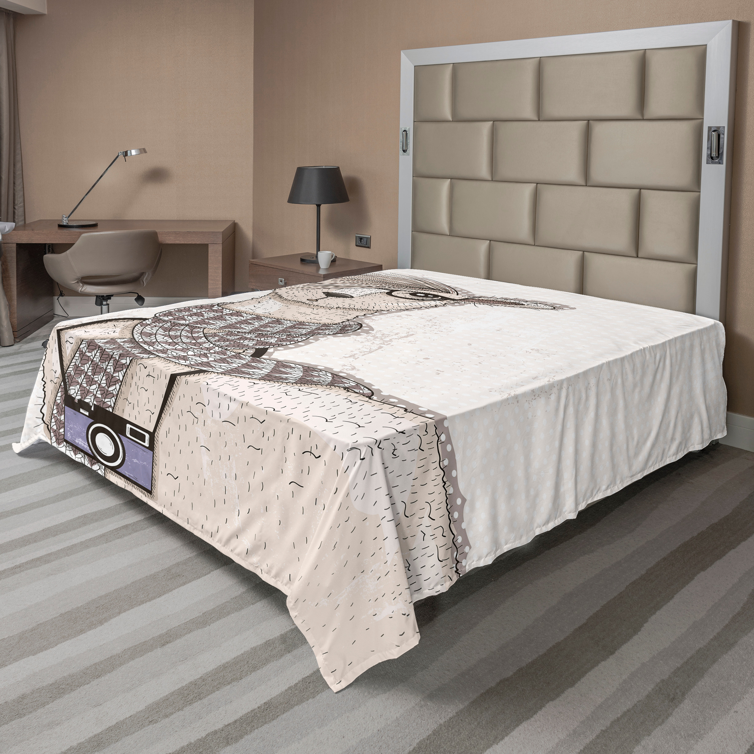 Ambesonne Teen Room Flat Sheet, Hipster Lama Camera, California King, Beige Tan