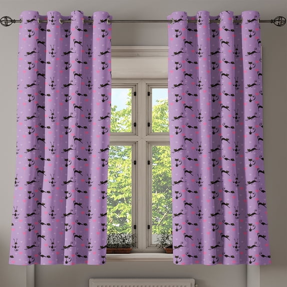 Ambesonne Teen Room Grommet Curtain, Little Kittens Hearts, 50" x 54", Violet Pink Black