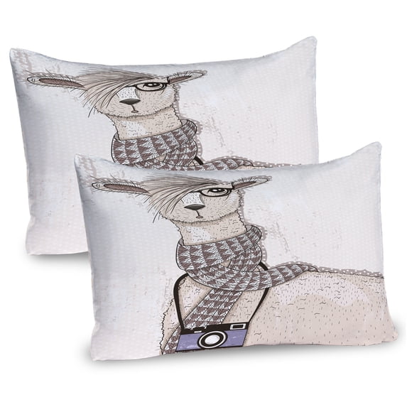Ambesonne Teen Room Pillow Sham 2 Pack, Hipster Lama Camera, 36"x20", Beige Tan