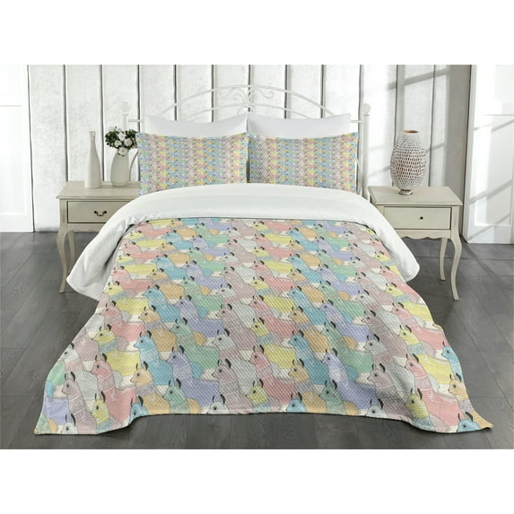 Ambesonne Teen Room Quilted Bedspread Set 3 Pcs, Alpacas, King Size, Multicolor