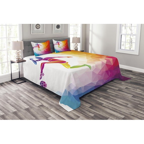 Ambesonne Teen Room Quilted Bedspread Set 3 Pcs, Ball Hitting Soccer, Queen Size, Multicolor
