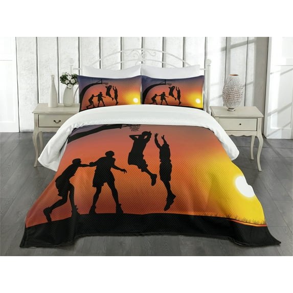 Ambesonne Teen Room Quilted Bedspread Set 3 Pcs, Boys Play Basketball, King Size, Dark Coral Black Yellow