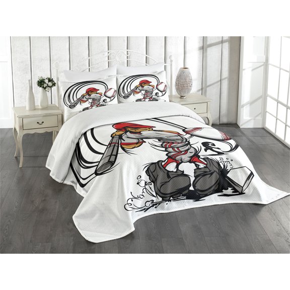 Ambesonne Teen Room Quilted Bedspread Set 3 Pcs, Cartoon Player, Queen Size, Grey Red White