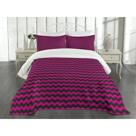 Ambesonne Teen Room Quilted Bedspread Set 3 Pcs, Chevron Lines Curves, Queen Size, Magenta and Black