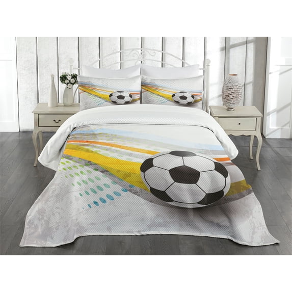 Ambesonne Teen Room Quilted Bedspread Set 3 Pcs, Football Soccer Lines, Queen Size, Multicolor