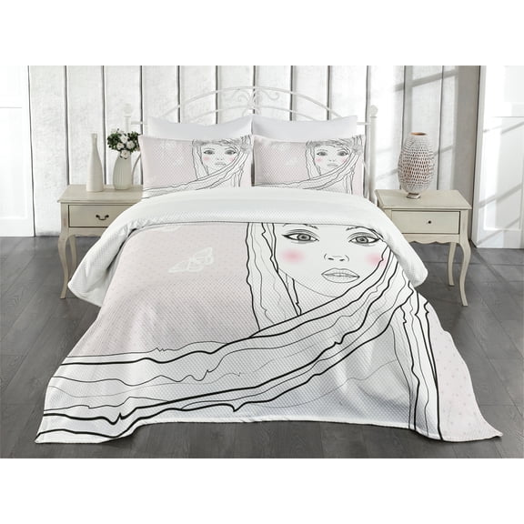 Ambesonne Teen Room Quilted Bedspread Set 3 Pcs, Girl with Floral Hair, King Size, White Black Pearl