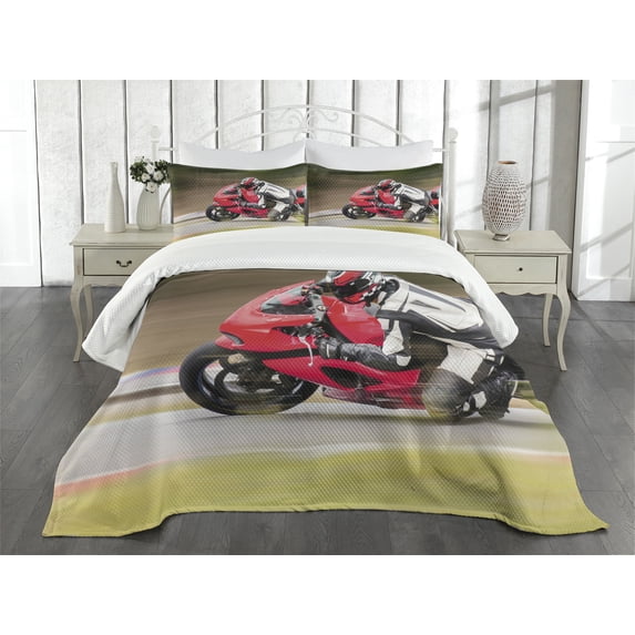 Ambesonne Teen Room Quilted Bedspread Set 3 Pcs, Motorbike Race Speed, King Size, Multicolor