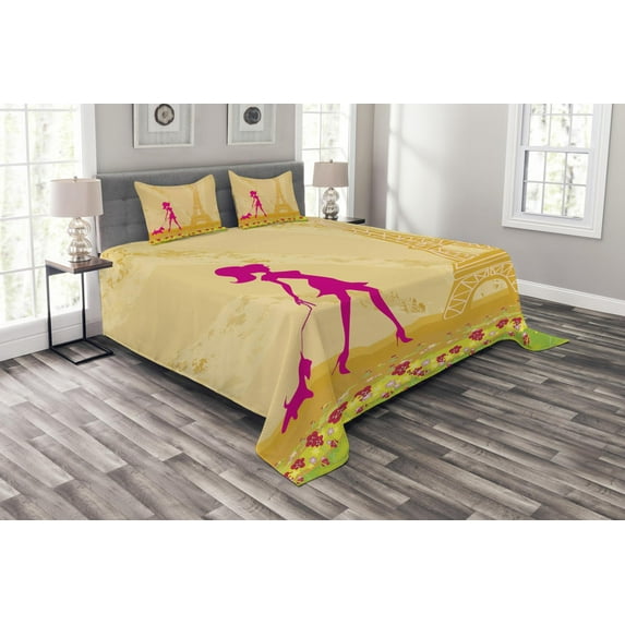 Ambesonne Teen Room Quilted Bedspread Set 3 Pcs, Pink Girl Dog Eiffel, Queen Size, Apricot and Hot Pink