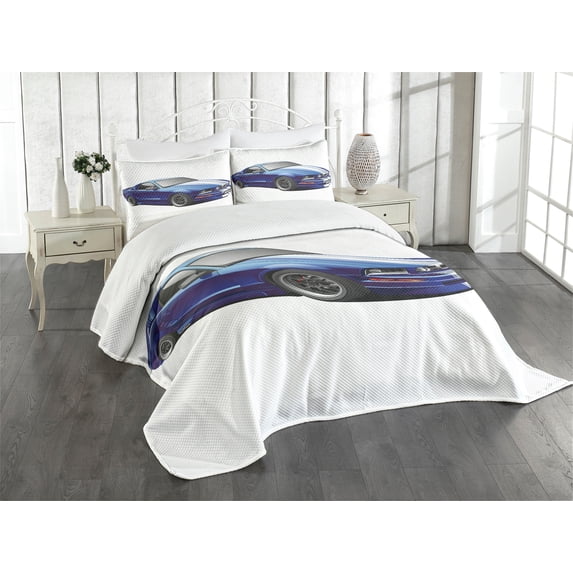 Ambesonne Teen Room Quilted Bedspread Set 3 Pcs, Race Car Vivid, King Size, Blue Grey