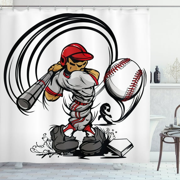 Ambesonne Teen Room Shower Curtain, Cartoon Player, 69"Wx84"L, Grey Red White