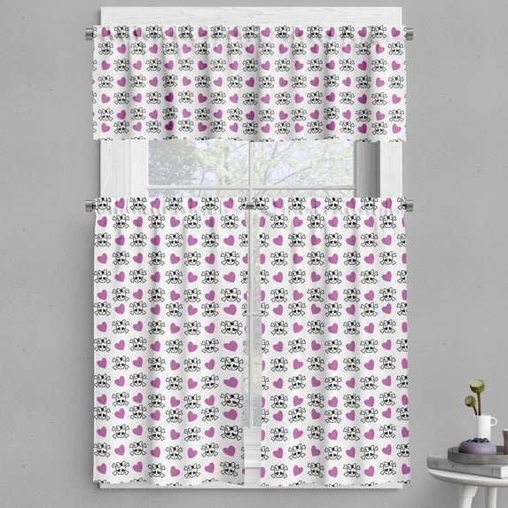 Ambesonne Teen Valance & Curtain, Emo Skulls Hearts Funky, 55"x24", Violet Black White